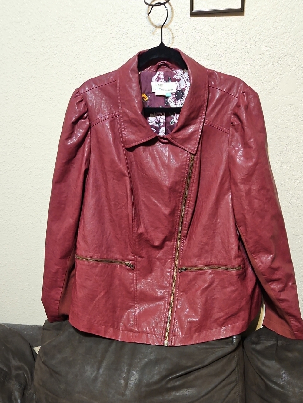 Anthropologie Burgundy Faux Leather Asymmetrical Zip Jacket